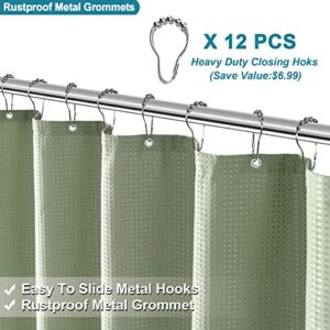 GERGELLA Sage Green Shower Curtain - Waffle Heavy Duty Fabric Shower Curtains for Bathroom, Showers, Hotel Spa Luxury Weighted Polyester Cloth Bath Curtain Set with 12 Hooks，72Wx72H,Green