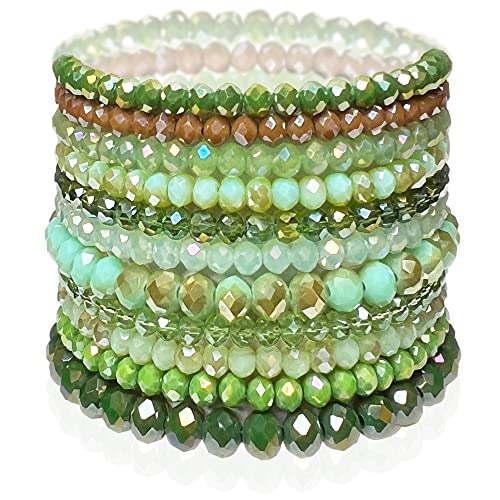 CATCHY & CRAFTY Bracelet Crystal Stretch Stackable Layering Colorful Statement Bracelets Women Glass Beaded Boho Friendship Bridal Gift (Forest Green)