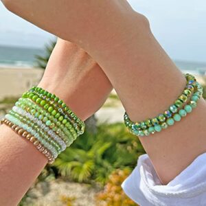 CATCHY & CRAFTY Bracelet Crystal Stretch Stackable Layering Colorful Statement Bracelets Women Glass Beaded Boho Friendship Bridal Gift (Forest Green)