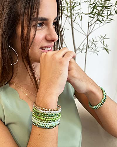 CATCHY & CRAFTY Bracelet Crystal Stretch Stackable Layering Colorful Statement Bracelets Women Glass Beaded Boho Friendship Bridal Gift (Forest Green)