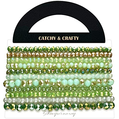 CATCHY & CRAFTY Bracelet Crystal Stretch Stackable Layering Colorful Statement Bracelets Women Glass Beaded Boho Friendship Bridal Gift (Forest Green)