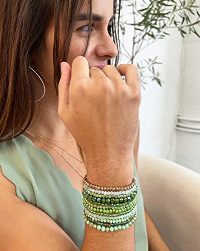 CATCHY & CRAFTY Bracelet Crystal Stretch Stackable Layering Colorful Statement Bracelets Women Glass Beaded Boho Friendship Bridal Gift (Forest Green)