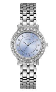 guess ladies 34mm watch - silver tone bracelet blue dial silver tone case