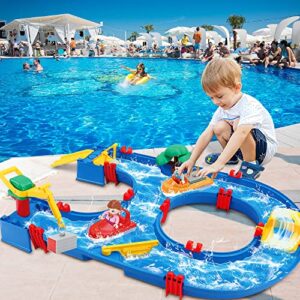 VATOS Water Toy for Kids,39pcs DIY Mini Water Park Building Blocks Toy on Table or Lawn,Beach, Waterway Playset with 2 Boats, for Kids in Summer Outdoor Backyard