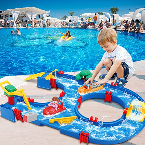 VATOS Water Toy for Kids,39pcs DIY Mini Water Park Building Blocks Toy on Table or Lawn,Beach, Waterway Playset with 2 Boats, for Kids in Summer Outdoor Backyard