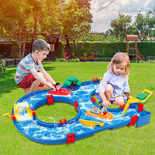 VATOS Water Toy for Kids,39pcs DIY Mini Water Park Building Blocks Toy on Table or Lawn,Beach, Waterway Playset with 2 Boats, for Kids in Summer Outdoor Backyard