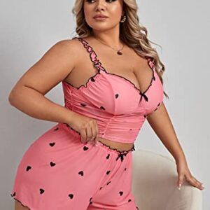 WDIRARA Women's Plus Size Sleepwear Heart Print Ruched Lettuce Trim Cami Top and Shorts Pajama Set Watermelon Pink 3XL