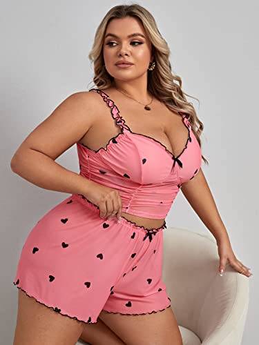 WDIRARA Women's Plus Size Sleepwear Heart Print Ruched Lettuce Trim Cami Top and Shorts Pajama Set Watermelon Pink 3XL