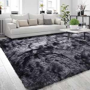qxkaka shag area rugs for living room 8x10 ft, fluffy soft indoor large area rug, washable modern shaggy rug home decor, non-slip plush carpet for bedroom nursery kids room, tie dye dark grey
