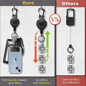 ELV Heavy Duty Retractable Keychain with Magnetic Closure and Carabiner, Retractable ID Badge Holder Clip, Retractable Badge Reel with 31” Dyneema Cord, Key Ring, Lobster Claw Clasp and Phone Tethers