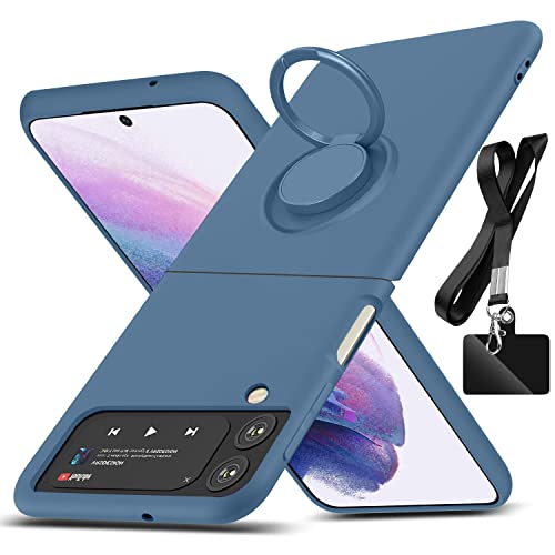 AYSZNBLA for Samsung Galaxy Z Flip 3 Case,with 360°Rotatable Ring Holder Kickstand & Strap Lanyard Premium Liquid Silicone Slim Shockproof Protective Case for Samsung Galaxy Z Flip 3,Blue