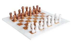 umaid handmade marble chess set board game with luxury velvet gift box, 14” white & brown elegant onyx marble chess board, unique chess sets for adults and modern marble home decor