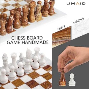 UMAID Handmade Marble Chess Set Board Game with Luxury Velvet Gift Box, 14” White & Brown Elegant Onyx Marble Chess Board, Unique Chess Sets for Adults and Modern Marble Home Decor