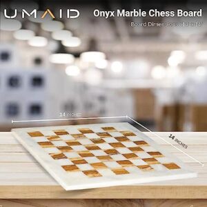 UMAID Handmade Marble Chess Set Board Game with Luxury Velvet Gift Box, 14” White & Brown Elegant Onyx Marble Chess Board, Unique Chess Sets for Adults and Modern Marble Home Decor