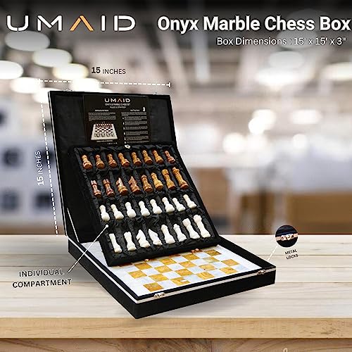 UMAID Handmade Marble Chess Set Board Game with Luxury Velvet Gift Box, 14” White & Brown Elegant Onyx Marble Chess Board, Unique Chess Sets for Adults and Modern Marble Home Decor