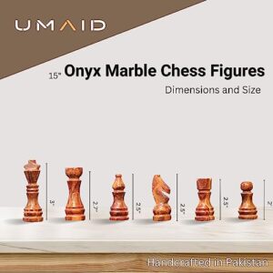 UMAID Handmade Marble Chess Set Board Game with Luxury Velvet Gift Box, 14” White & Brown Elegant Onyx Marble Chess Board, Unique Chess Sets for Adults and Modern Marble Home Decor