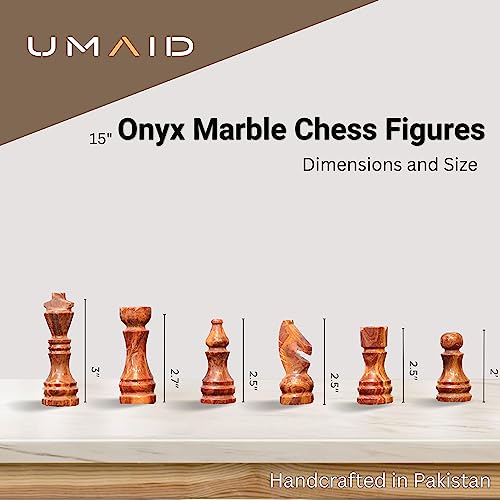 UMAID Handmade Marble Chess Set Board Game with Luxury Velvet Gift Box, 14” White & Brown Elegant Onyx Marble Chess Board, Unique Chess Sets for Adults and Modern Marble Home Decor