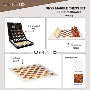 UMAID Handmade Marble Chess Set Board Game with Luxury Velvet Gift Box, 14” White & Brown Elegant Onyx Marble Chess Board, Unique Chess Sets for Adults and Modern Marble Home Decor