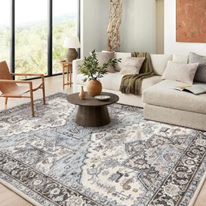 area rug living room rugs - 8x10 soft machine washable oriental persian floral distressed rug large indoor floor carpet for bedroom under dining table home office decor - cream blue
