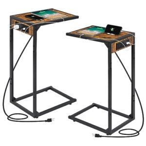 set of 2 c shaped end table with charging station, snack side table with table with usb ports & power outlets, c tables for couch, couch tables that slide under, for living room, bedroom, brown