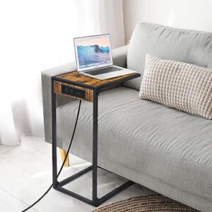 Set of 2 C Shaped End Table with Charging Station, Snack Side Table with Table with USB Ports & Power Outlets, C Tables for Couch, Couch Tables That Slide Under, for Living Room, Bedroom, Brown