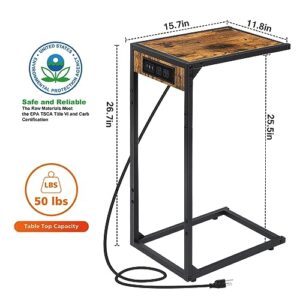 Set of 2 C Shaped End Table with Charging Station, Snack Side Table with Table with USB Ports & Power Outlets, C Tables for Couch, Couch Tables That Slide Under, for Living Room, Bedroom, Brown