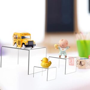 Ouskr 6 Pcs Acrylic Risers for Display, Acrylic Display Riser, Clear Display Stands for Shelf Dessert Cupcake Candy Food Tabletop Collectibles Product Bar Action Figure Jewelry Showcase (3- 4- 5 IN)