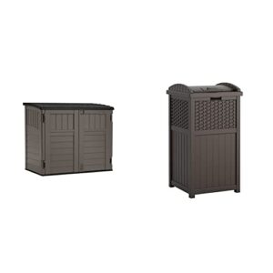 suncast 4' x 2' horizontal storage shed - natural wood-like outdoor storage - stoney & 33 gallon hideaway can resin outdoor trash with lid use in backyard, deck, or patio, 33-gallon, brown