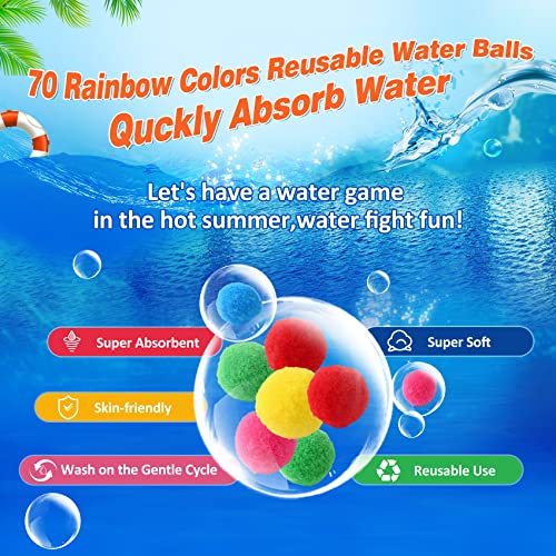 HiDiT Yv 70PCS Reusable Water Balls,Soft Cotton Splash Water Soaker Balls for Outdoor Water Toys Games,Reusable Water Balloons Beach Balls for Kids Adult Fun Summer for Backyard