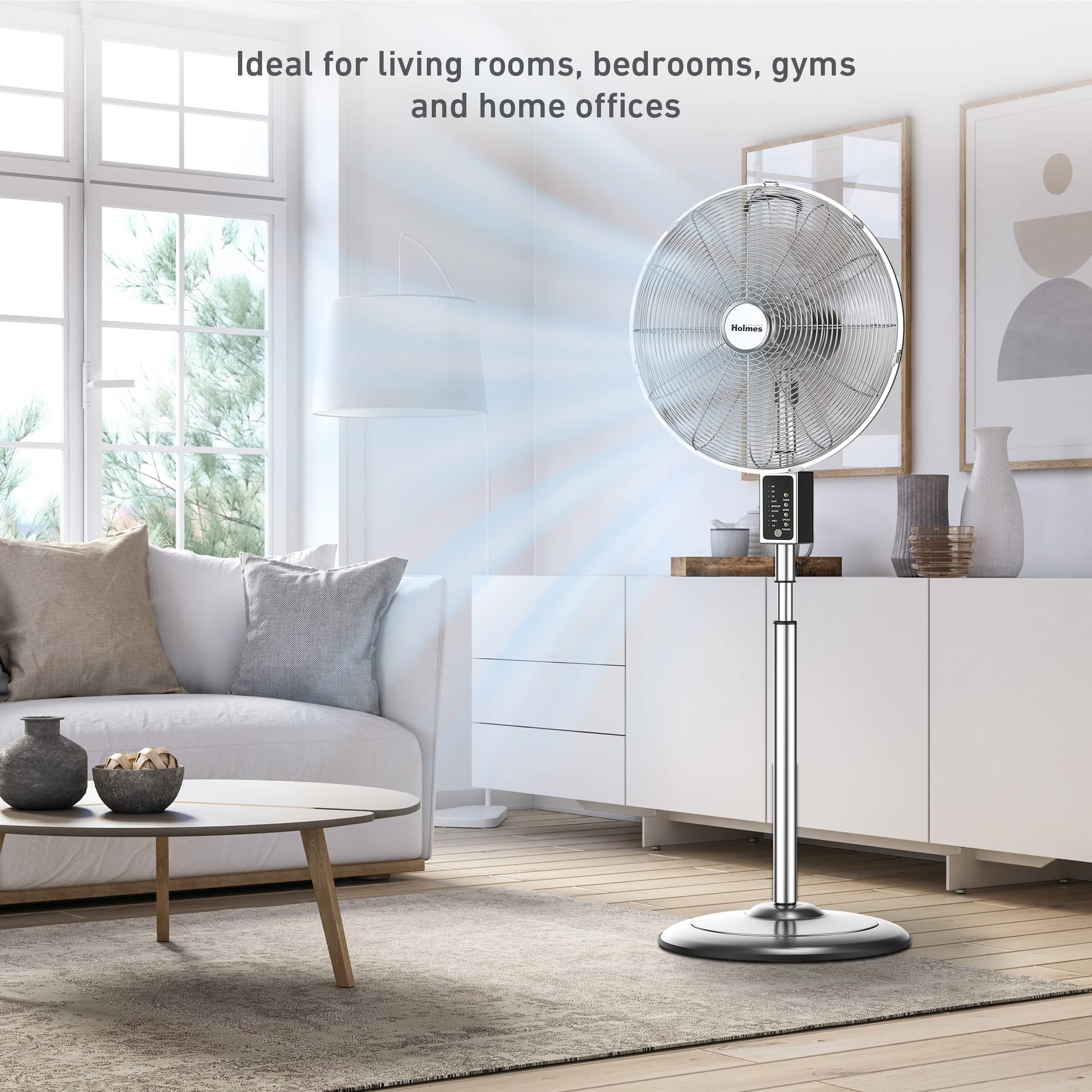 HOLMES 16" Chrome Digital Stand Fan, 75° Oscillation, 3 Speeds, 4 Blades, 3 Modes, Adjustable Height, 18° Head Tilt, Ideal for Home, Bedroom or Office, Remote Control