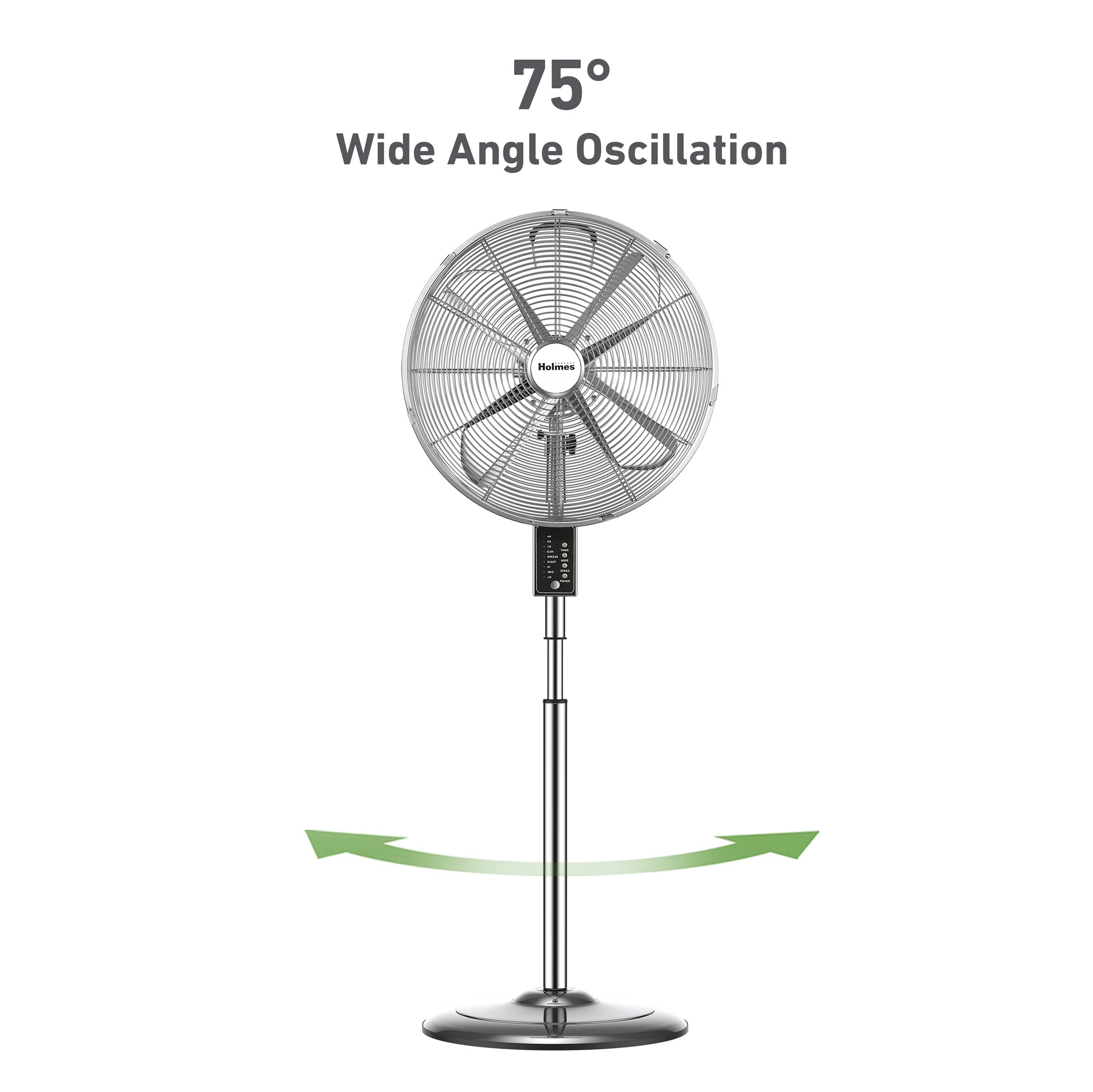 HOLMES 16" Chrome Digital Stand Fan, 75° Oscillation, 3 Speeds, 4 Blades, 3 Modes, Adjustable Height, 18° Head Tilt, Ideal for Home, Bedroom or Office, Remote Control