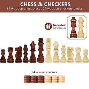 Chess Sets - 15 Inch Wooden Magnetic Chess & Checkers Set Board Game - with 2 Extra Queen Pieces - Chess Sets for Adults - Chess Set for Kids