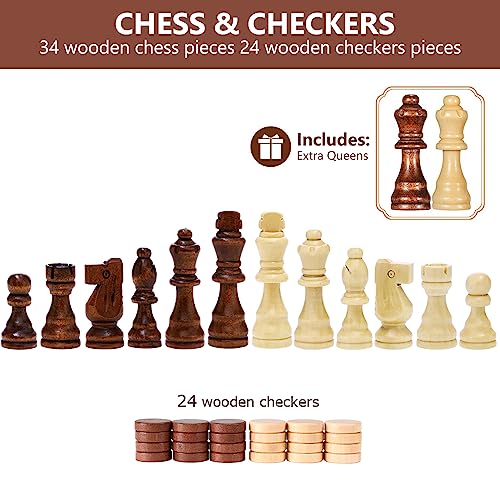 Chess Sets - 15 Inch Wooden Magnetic Chess & Checkers Set Board Game - with 2 Extra Queen Pieces - Chess Sets for Adults - Chess Set for Kids