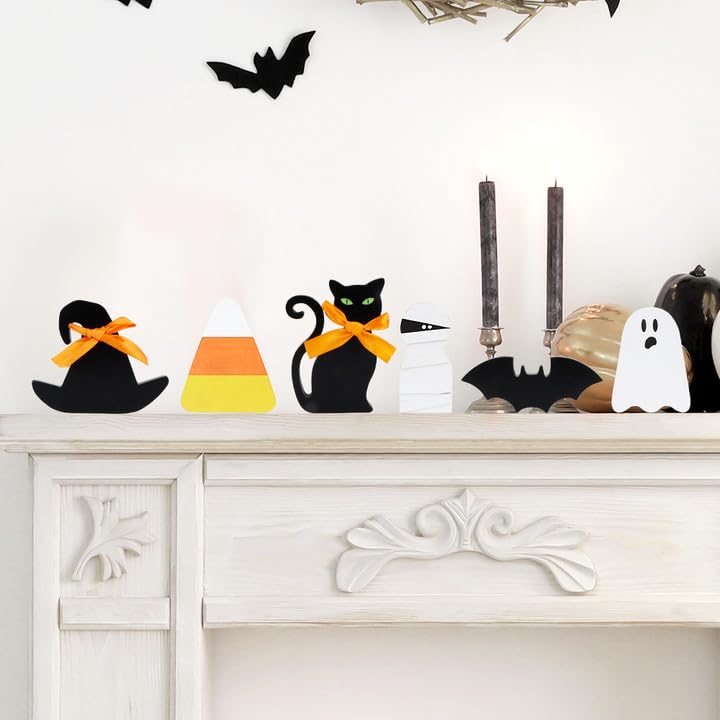 Halloween Table Decor, 6 PCS Halloween Decorations for Home, Free Standing Wooden Signs with Witch's Hat, Black Cat, Mummy, Ghost, Bat, Candy Corn for Tiered Tray, Desk and Mantle