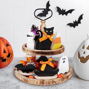 Halloween Table Decor, 6 PCS Halloween Decorations for Home, Free Standing Wooden Signs with Witch's Hat, Black Cat, Mummy, Ghost, Bat, Candy Corn for Tiered Tray, Desk and Mantle