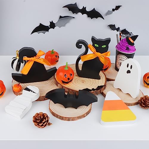 Halloween Table Decor, 6 PCS Halloween Decorations for Home, Free Standing Wooden Signs with Witch's Hat, Black Cat, Mummy, Ghost, Bat, Candy Corn for Tiered Tray, Desk and Mantle