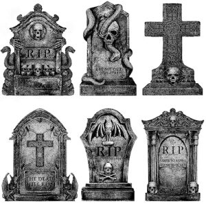 halloween decorations outdoor graveyard tombstones: 6ct large tombstones halloween decor yard signs with stakes, 16" tall realistic scary skeleton rip gravestones yard lawn outside for kids home party