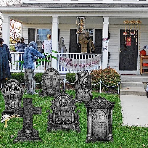Halloween Decorations Outdoor Graveyard Tombstones: 6ct Large Tombstones Halloween Decor Yard Signs with Stakes, 16" Tall Realistic Scary Skeleton RIP Gravestones Yard Lawn Outside for Kids Home Party