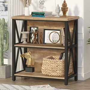 fatorri small bookcase, wood and metal low short bookshelf, industrial book case and rustic book shelf for small space (rustic oak)
