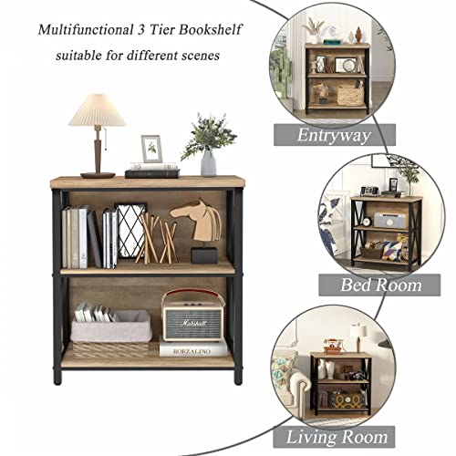 FATORRI Small Bookcase, Wood and Metal Low Short Bookshelf, Industrial Book Case and Rustic Book Shelf for Small Space (Rustic Oak)