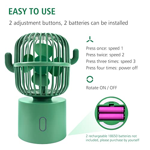 Bilibala Cute Cactus USB Fan, Small Quiet Desk Fan, 80° Rotation Oscillating Fan, 3 Speeds Strong Airflow, Portable Fan for Bedroom, Office, Home, Personal Fan for Desktop Decor, Green Mini Table Fan