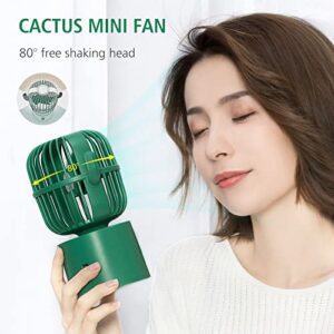 Bilibala Cute Cactus USB Fan, Small Quiet Desk Fan, 80° Rotation Oscillating Fan, 3 Speeds Strong Airflow, Portable Fan for Bedroom, Office, Home, Personal Fan for Desktop Decor, Green Mini Table Fan