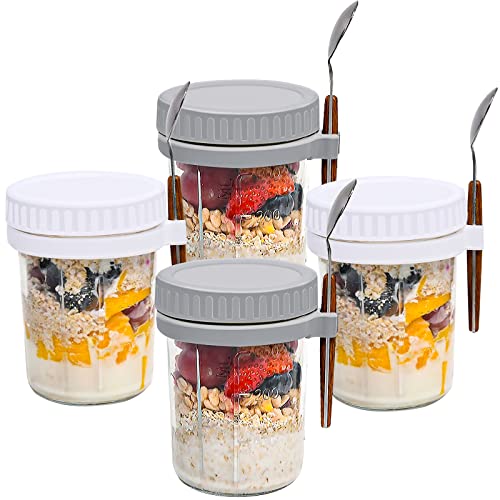 Mason Jars for Overnight Oats: 4 Pack Overnight Oats Containers with Lids and Spoons - 16 oz Glass Food Storage Containers for Milk, Cereal, Fruit - Oatmeal Jars/Canning Jars/Food Jars & Canisters