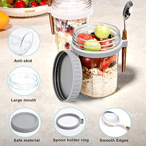 Mason Jars for Overnight Oats: 4 Pack Overnight Oats Containers with Lids and Spoons - 16 oz Glass Food Storage Containers for Milk, Cereal, Fruit - Oatmeal Jars/Canning Jars/Food Jars & Canisters