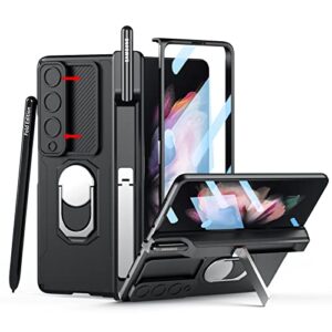 libeagle compatible with samsung galaxy z fold 3 case, heavy duty protective, camera lens cover, s pen holder & hinge protection, screen protector, safe to hold with ring, rugged stand 5g 2021-black