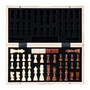 syrace chess & draughts set checkers board games, wooden foldable hand crafted portable travel chess board game sets with game pieces & storage slots large size 15.74"