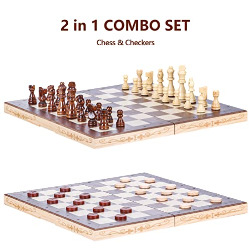 Syrace Chess & Draughts Set Checkers Board Games, Wooden Foldable Hand Crafted Portable Travel Chess Board Game Sets with Game Pieces & Storage Slots Large Size 15.74"