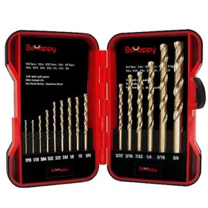 behappy cobalt drill bit set 15pcs, m35 high speed steel drill bit sets, cobalt twist jobber drill bit for hardened metal, stainless steel, cast iron, wood, plastic, index storage case, 1/16"-3/8"