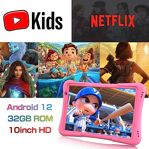PRITOM 10 inch Kids Tablet Android 12 Tabletas 32GB, Quad-Core, 6000mAh, Large HD IPS Display, WiFi 6, Dual Camera, Bluetooth, Toddler Tablet for Kids Age 3+, Pink