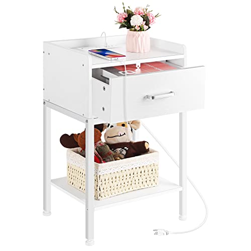 OYEAL White Nightstand, End Table with Charging Station 2-Tier Side Table with Drawer and Storage Shelf, Small Bedside Night Stand for Bedroom, Living Room, Easy Assembly, White